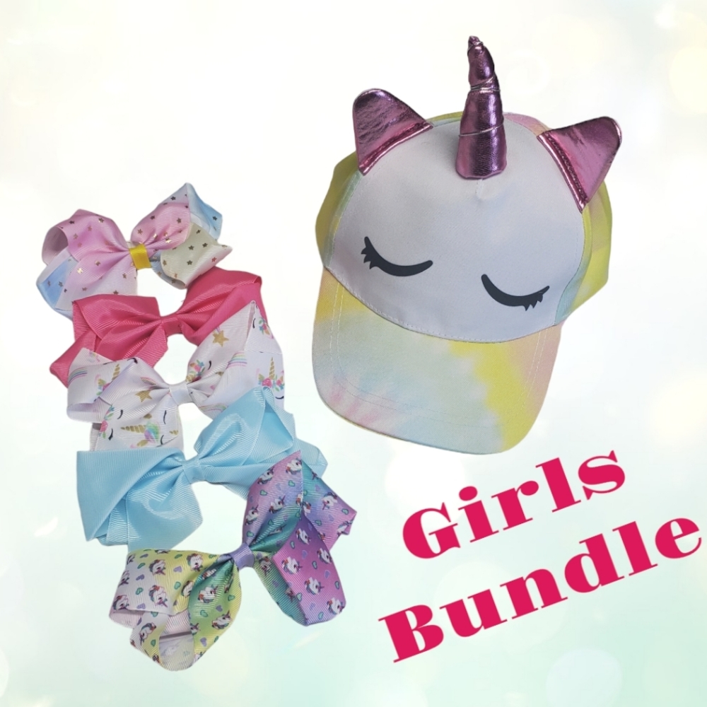 NWOT Girls Bundle Girls'  Unicorn Cap & Hair Bows  Set of 5